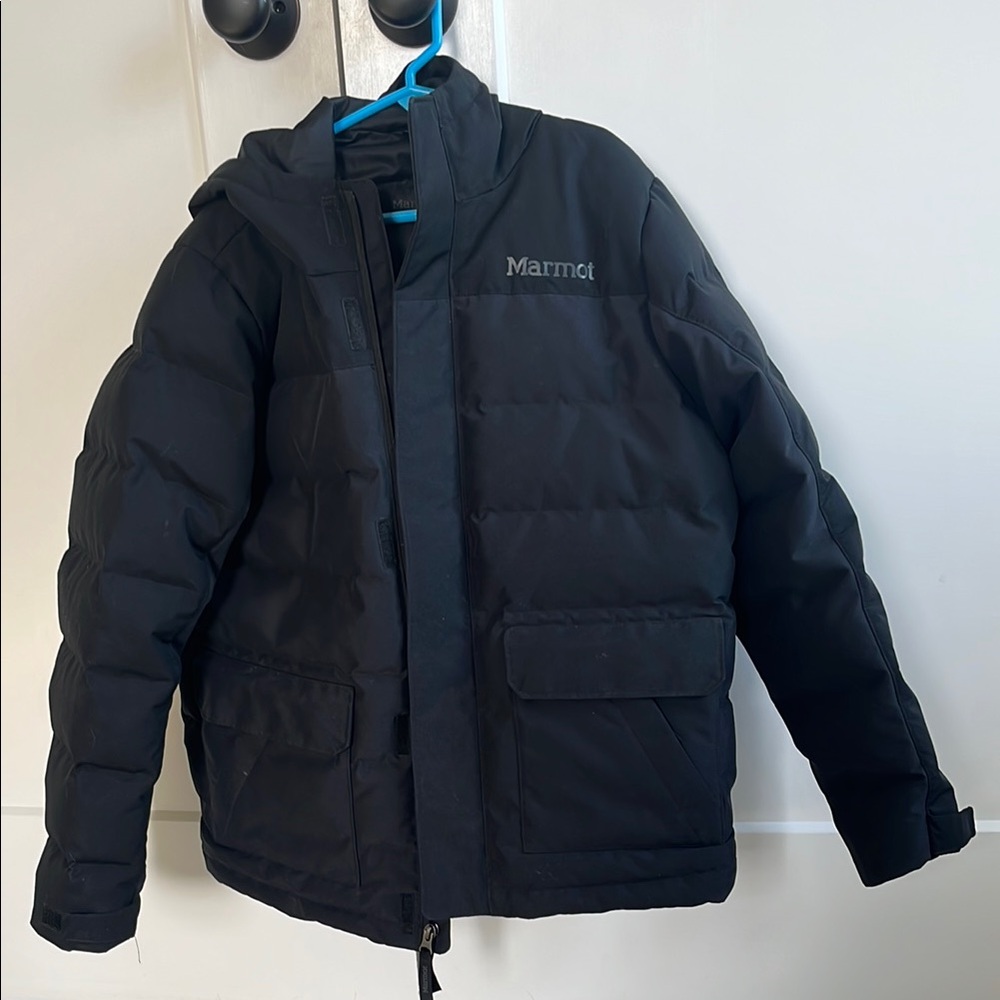 Marmot Boys Large Black Down Hooded Ski Jacket WARM
